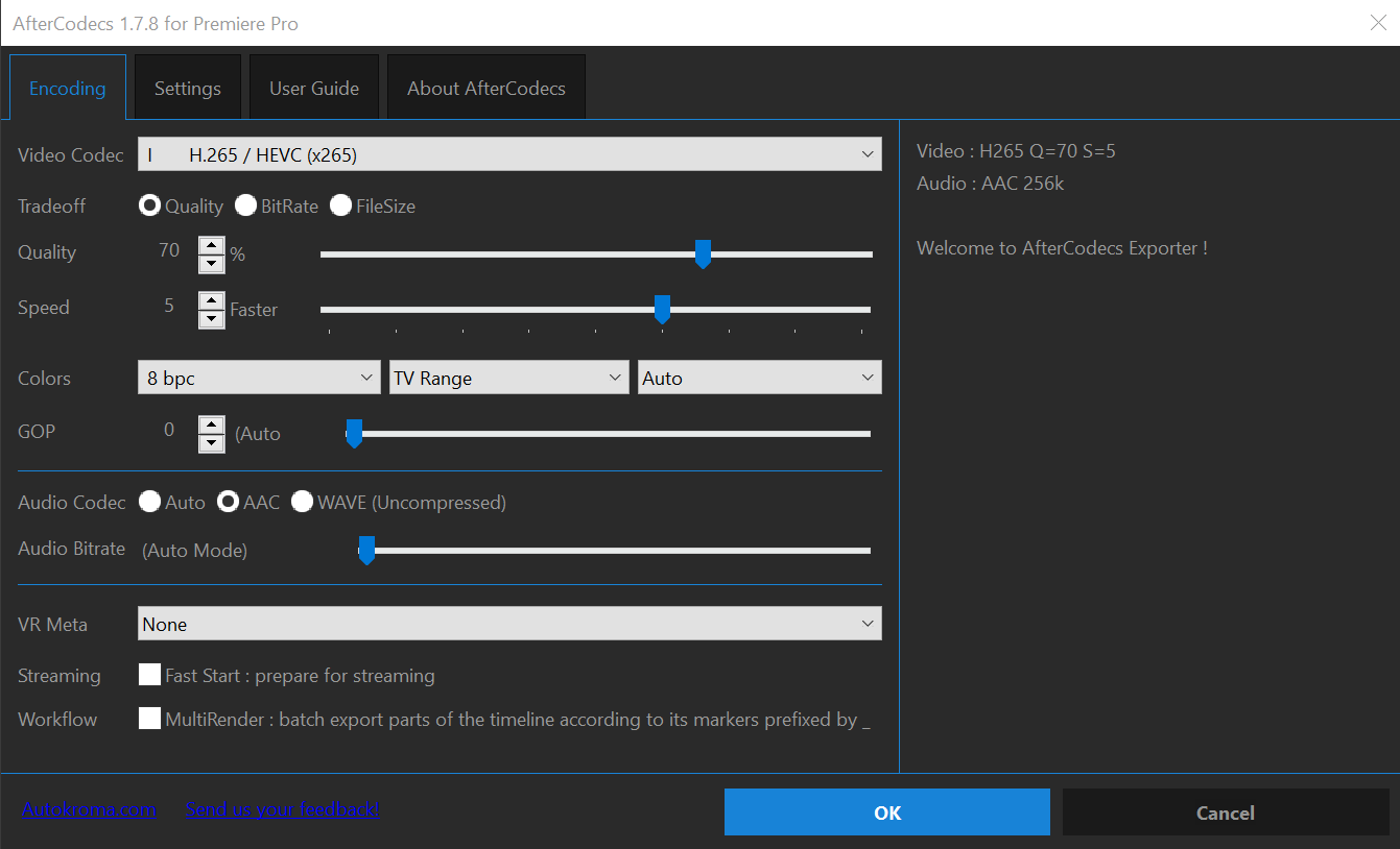 Aftercodecs export settings