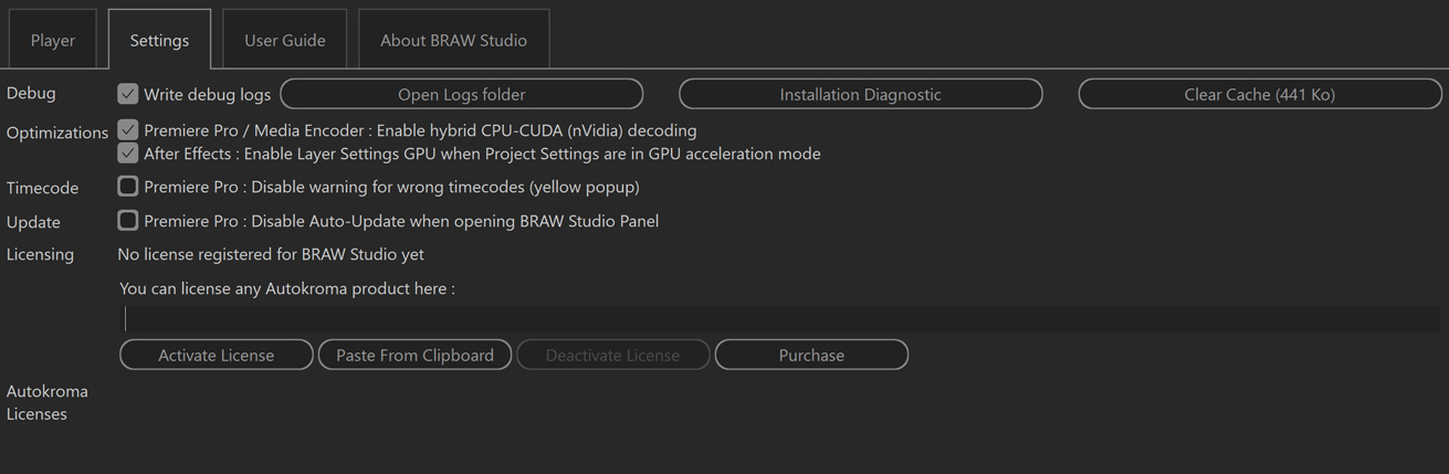 Autokroma BRAW Studio Desktop Application Settings License