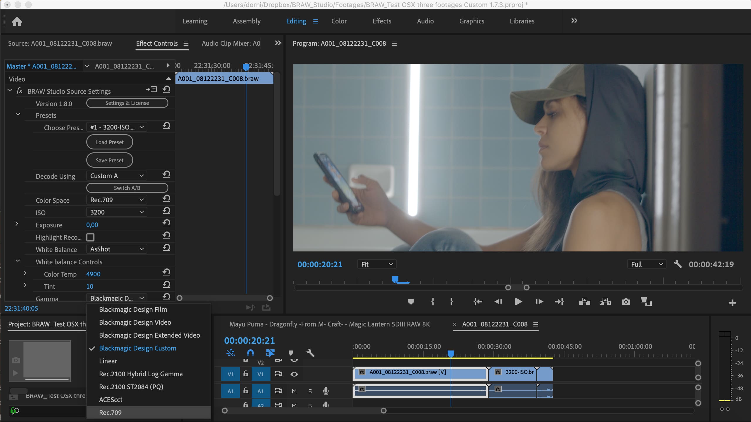 BRAW Studio for Adobe Premiere Pro and Adobe Media Encoder on macOS (Blackmagic RAW importer plugin screenshot)