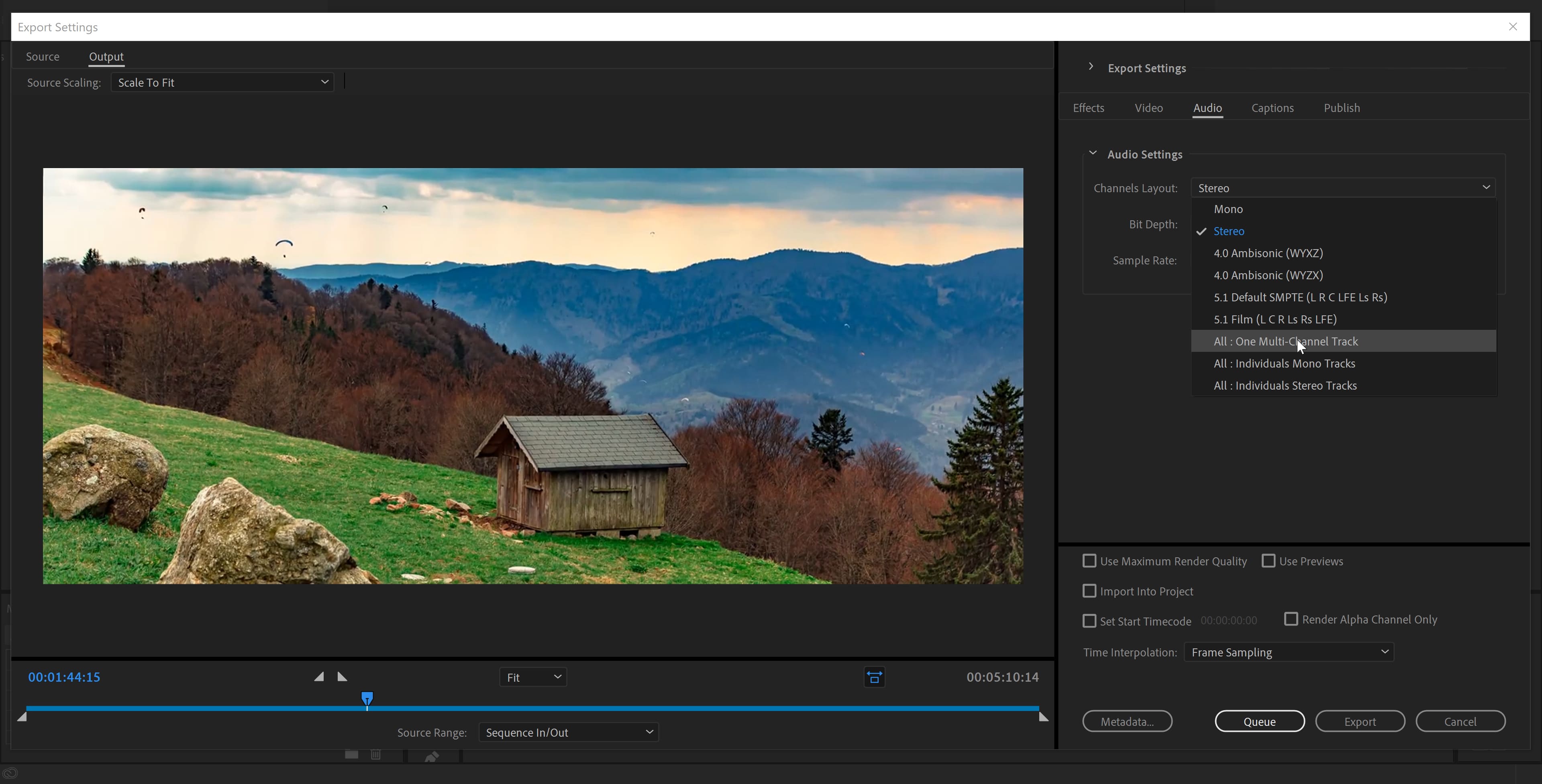 Audio output options and layout (tracks you can export) in AfterCodecs for Adobe Premiere Pro and Adobe Media Encoder on Microsoft Windows (Fast exporter plugin screenshot)