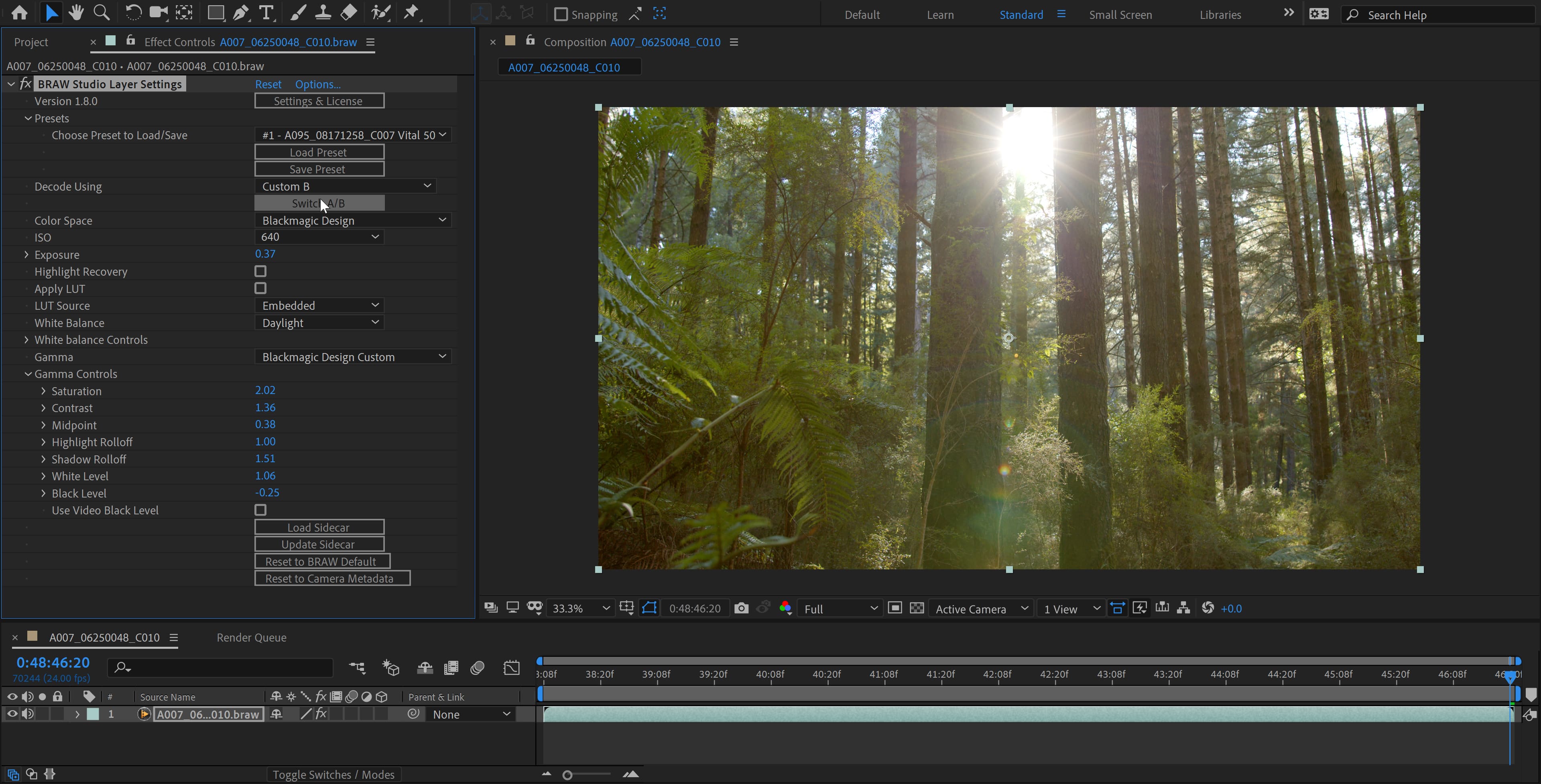 BRAW Studio for Adobe After Effects on Microsoft Windows (Blackmagic RAW importer plugin screenshot)