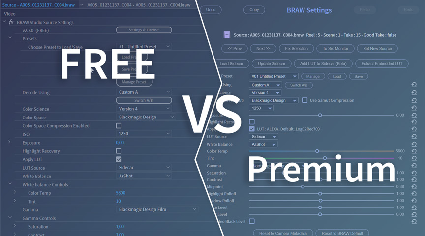 BRAW Studio FREE versus Premium License