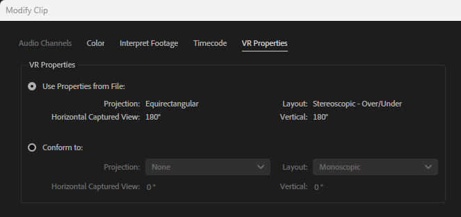Autokroma BRAW Studio Immersive Clip Interpret Footage VR Properties in Premiere Pro